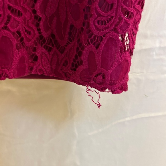 Magenta Lace Sheath Dress | Size 12 | Floral Overlay | Stretch Lined - Picture 6 of 7